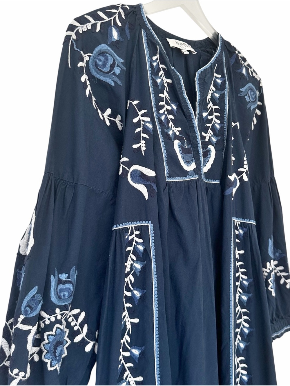 Sea New York Inga Embroidered Floral Navy Blue Long Sleeve Midi Dress Size XS - Picture 4 of 10